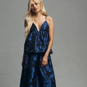 By Anthropologie Sleeveless Open-Back Midi Dress Blue & Black Floral Jacquard Go